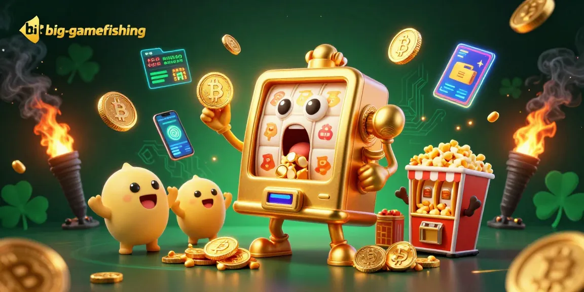 big-gamefishing slot machine hitting jackpot, surrounded by colorful crypto elements and cheering machines.