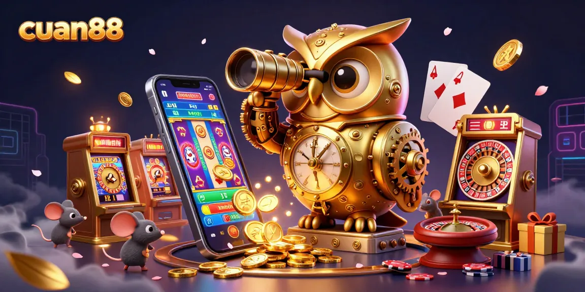 Engage with the vibrant cuan88 casino world, showcasing a 3D owl and animated gaming elements.