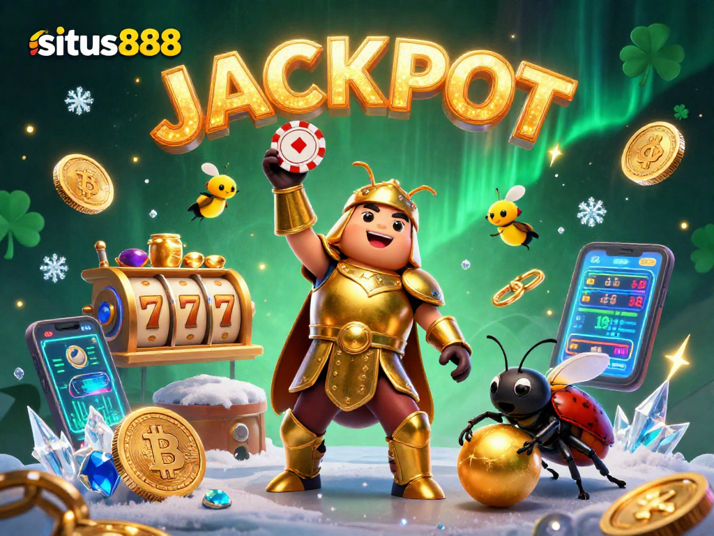Spin and win big at situs888 with 3D characters celebrating a jackpot in a vibrant casino scene.