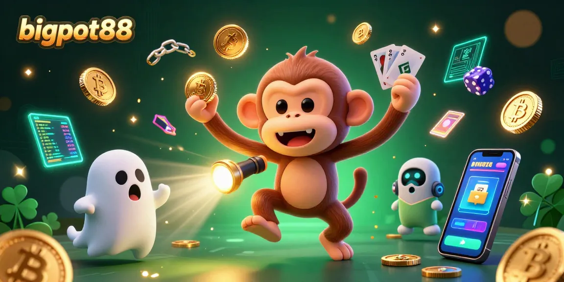 Engage in thrilling gameplay at bigpot88 while navigating a vibrant casino scene filled with golden coins and crypto elements.