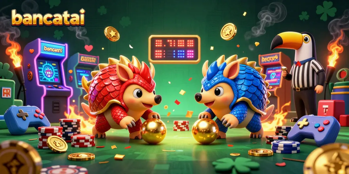 Engage with the vibrant bancatai gaming showdown featuring energetic pangolins amidst shining poker chips and glowing arcade elements.