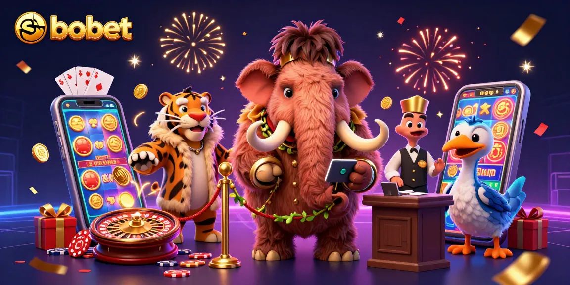 SBOBET features an engaging scene with a woolly mammoth bouncer, saber-tooth tiger guest, and dodo bird doorman at a lively casino entrance.
