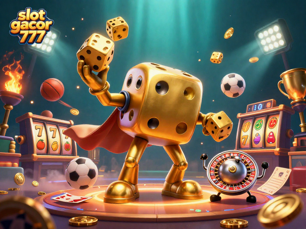 Experience the thrill of slot gacor 777 with vibrant golden dice and dynamic sports elements.