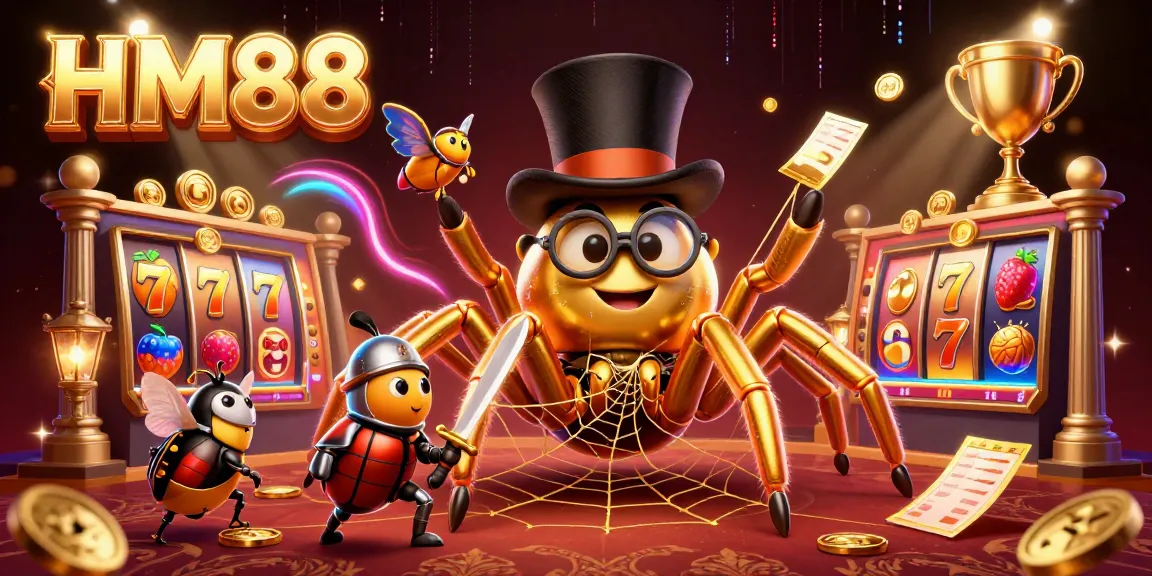 Engage with HM88 casino thrills featuring a golden tarantula and knight in a vibrant, dynamic scene.
