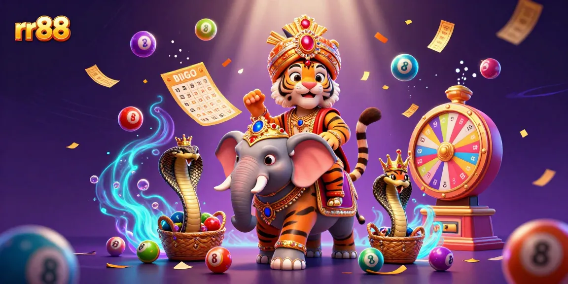 Join the adventure with rr88: A vibrant 3D casino scene featuring an Indian maharaja tiger, elephant, and cobra amid gaming elements.