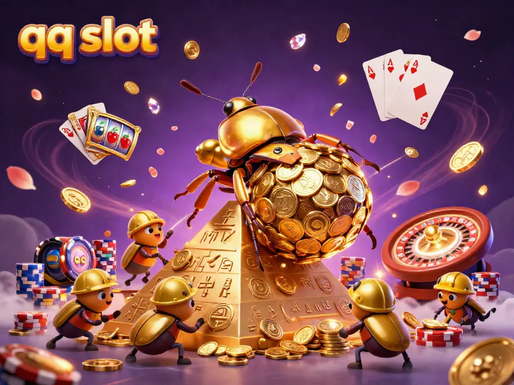 Engage in qq slot adventures with golden beetles and cascading coins amidst a vibrant casino setting