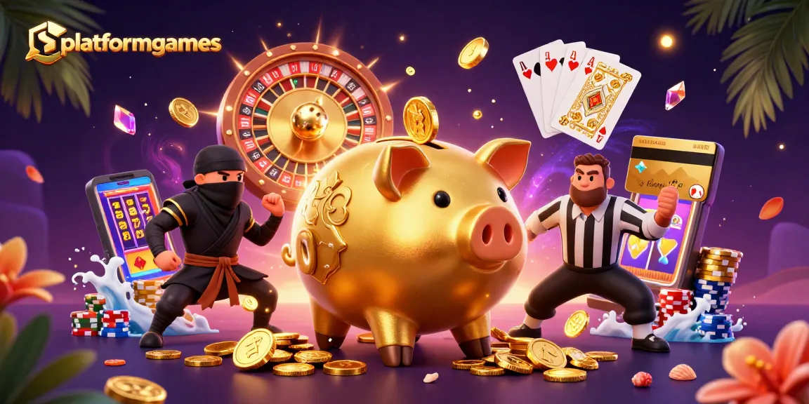 Engage with platformgames as the piggy bank sumo wrestler stomps gold coins in this vibrant casino scene.