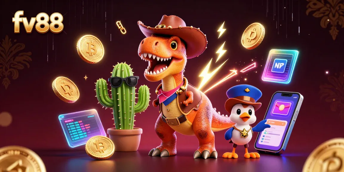 Win big at fv88 with our friendly dinosaur, cactus, and roadrunner celebrating cryptocurrency gaming!