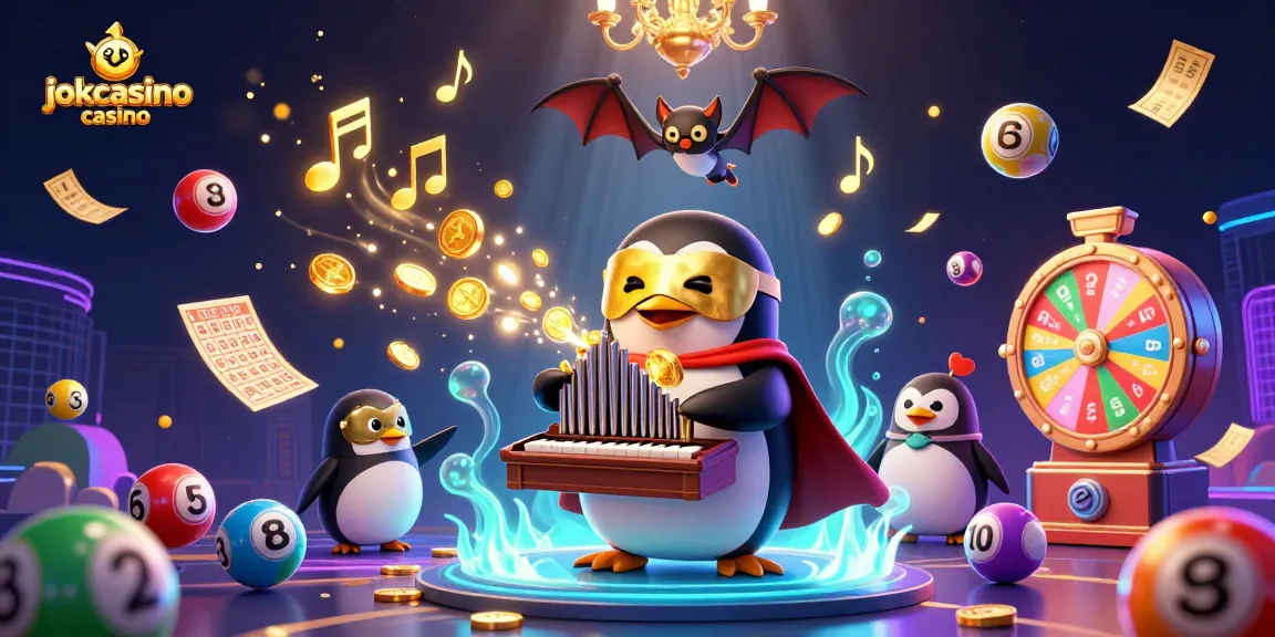 Experience the thrill of jokacasino casino with a lively digital illustration of a penguin playing music and winning prizes.