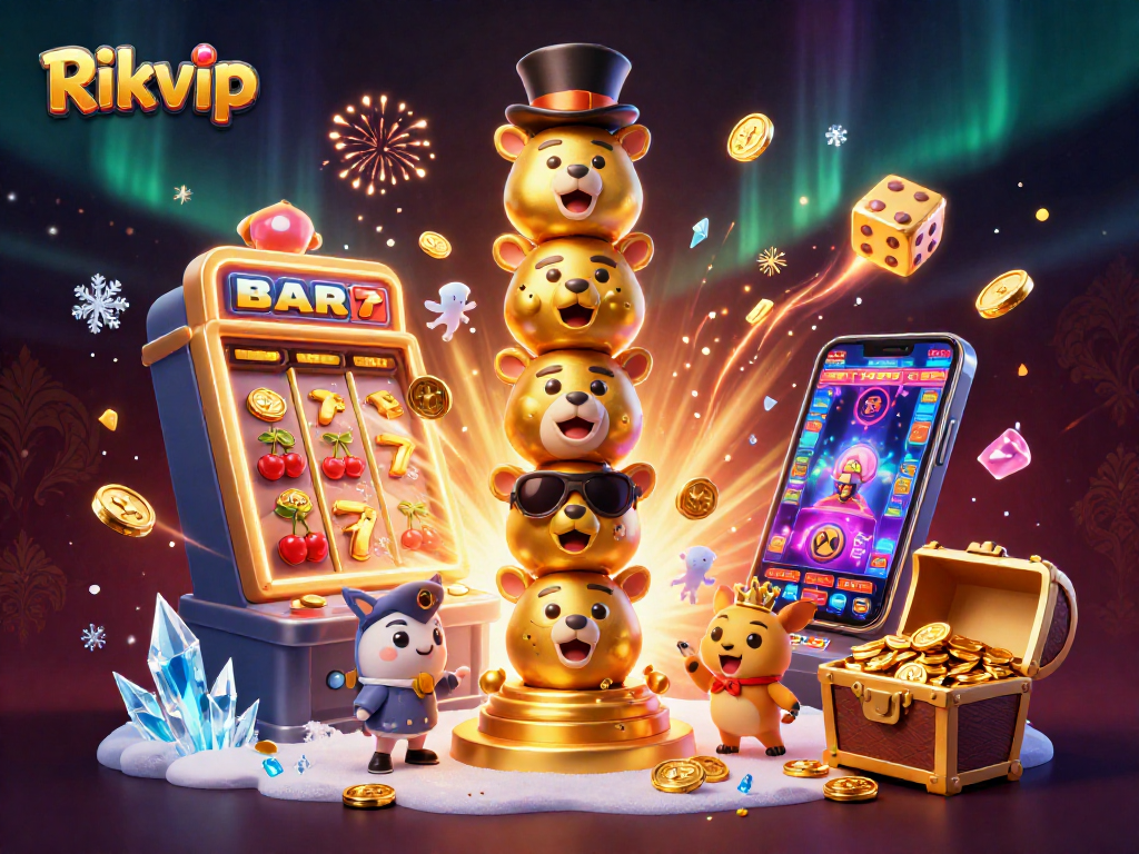 Experience the thrill of Rikvip with colorful casino games and a vibrant totem pole illustration.