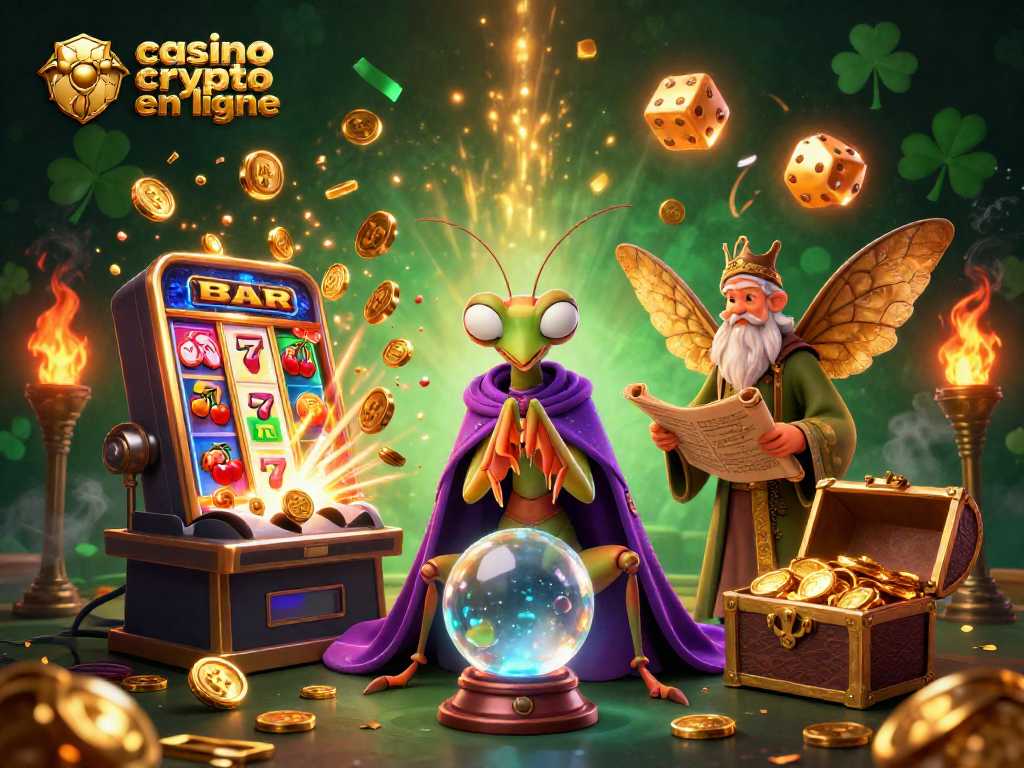 Découvrez le casino crypto en ligne avec des personnages mystiques entourés de machines à sous et de pièces d'or.