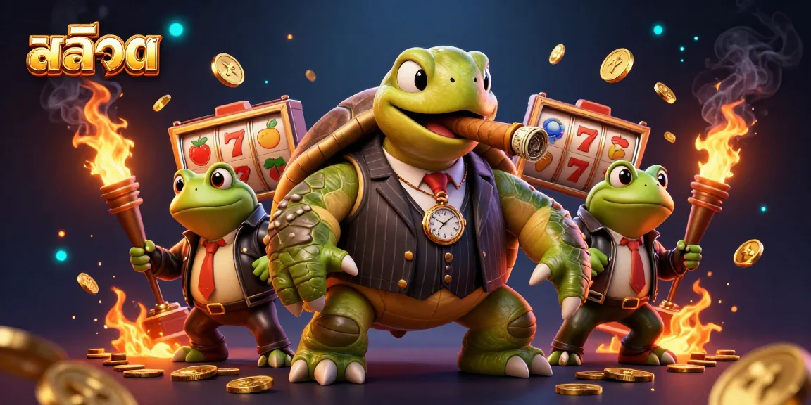 Engage with สล็อต in a vibrant 3D illustration featuring a cartoon turtle and lucky symbols.
