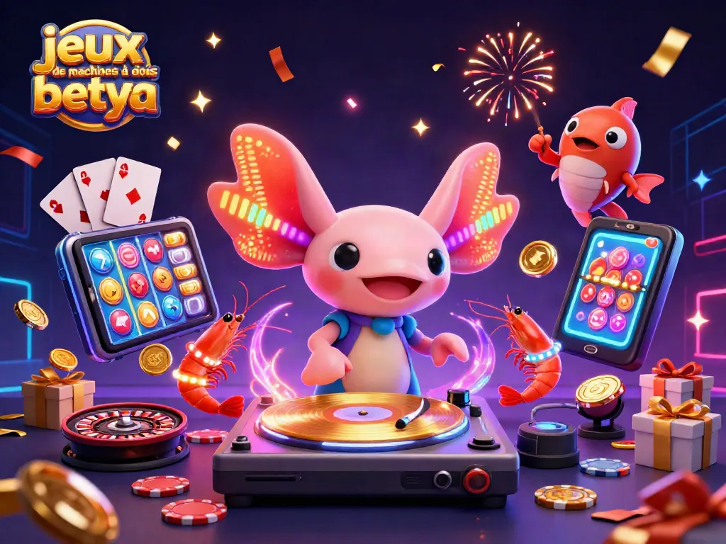 Play colorful jeux de machines à sous betya with vibrant characters and slot game elements in a dynamic casino scene.