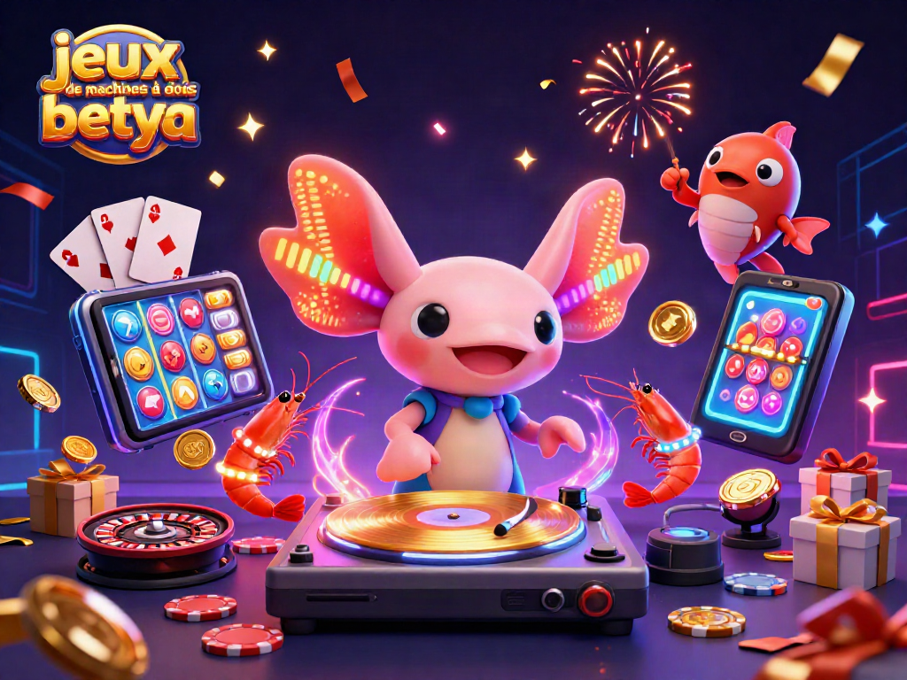 Play colorful jeux de machines à sous betya with vibrant characters and slot game elements in a dynamic casino scene.