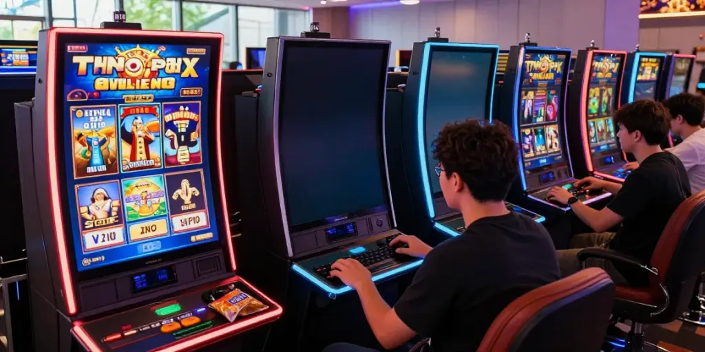Dynamic online slot gaming environment with players engaging on colorful machines.
