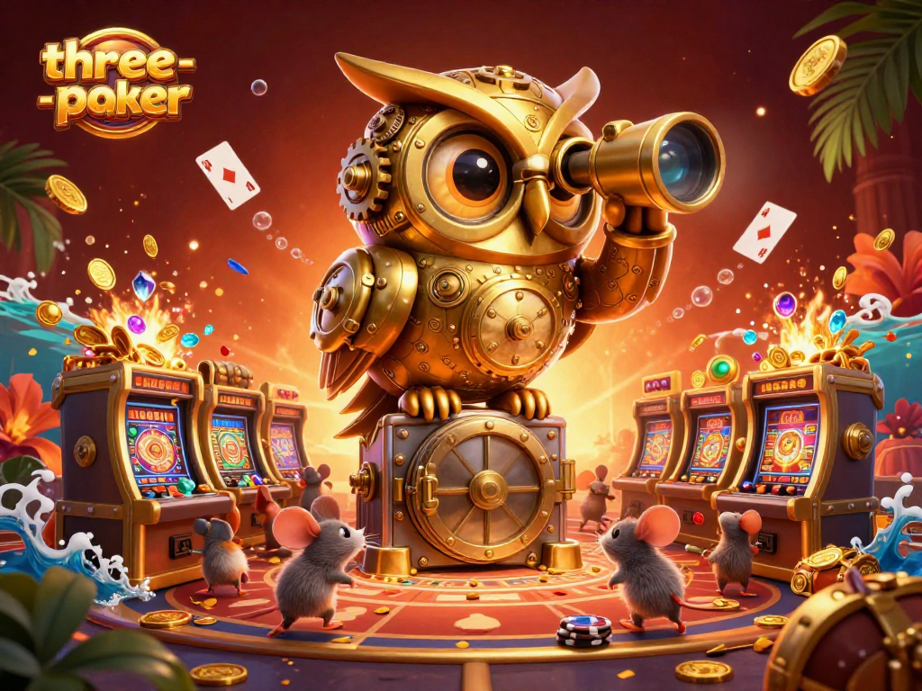 Engage in three-card-poker excitement with a dynamic casino scene featuring a golden owl and poker elements.