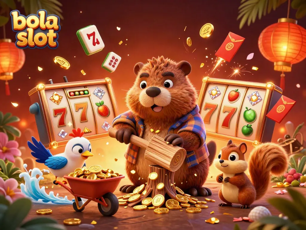 Spin and win with bola slot as a beaver chops a golden coin tree, capturing vibrant casino action.