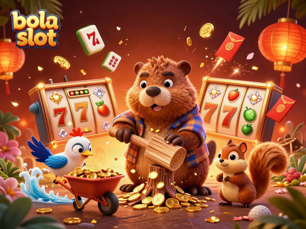 Spin and win with bola slot as a beaver chops a golden coin tree, capturing vibrant casino action.