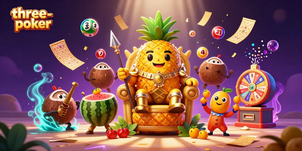Engage in three-card-poker with a festive casino scene featuring dynamic characters and colorful game elements.