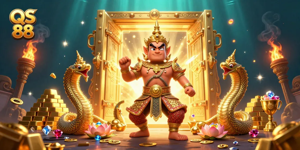 Experience thrilling gameplay at QS 88 with a vibrant casino scene featuring golden treasures and mythical guardians.