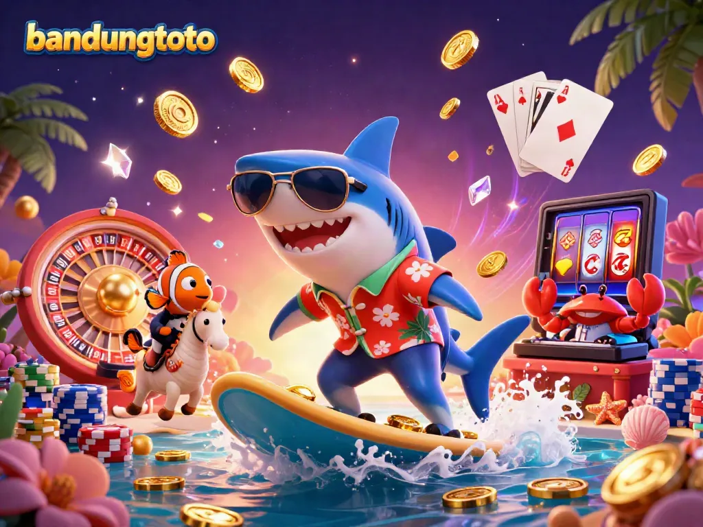 Experience the excitement of bandungtoto's dynamic casino scene with a shark surfing gold coins.