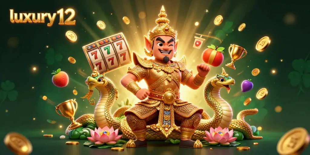 Engage in thrilling slot gameplay with luxury 12 showcased alongside dynamic gold coins and vibrant symbols.