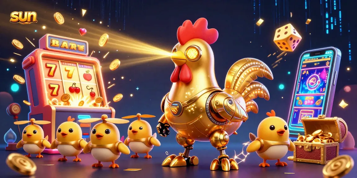 Experience thrilling slots with the sun as the centerpiece, featuring dynamic game elements and a golden rooster robot.