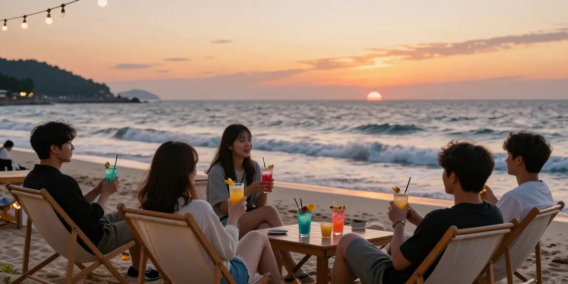 Experience 여수op at a scenic beachfront with friends enjoying sunset drinks, capturing a joyful and relaxed atmosphere.