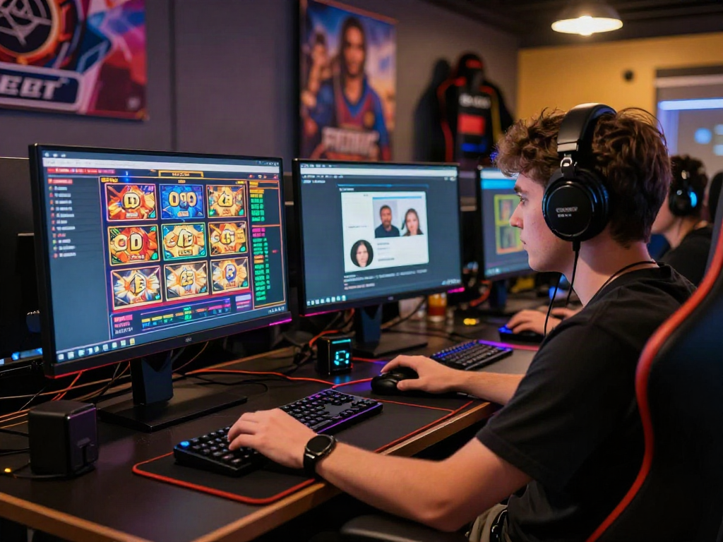 Intense player engaging in situs slot gacor hari ini gaming, vibrant visuals, and immersive atmosphere.
