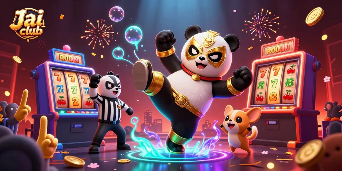 Experience dynamic gaming with Jai club as a panda wrestler kicks while the crowd cheers.