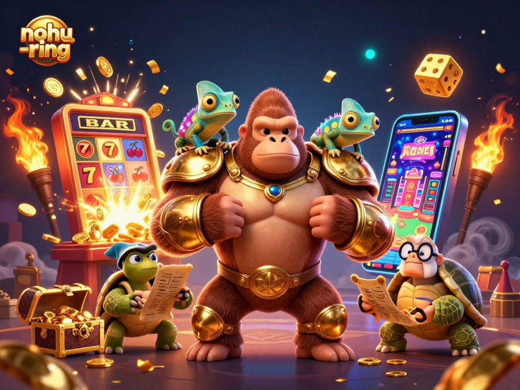 Play the nohu-ring game with a golden gorilla king and friends amidst jackpot glory.