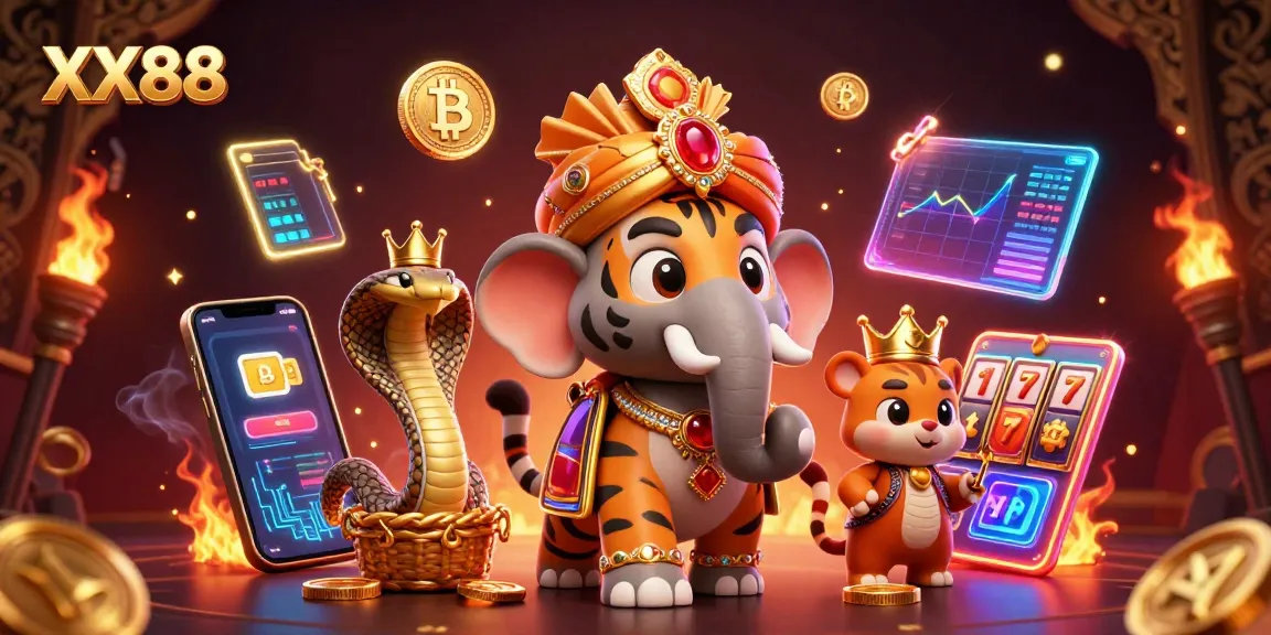 Experience thrilling gameplay at XX88 with a vibrant illustration featuring a majestic tiger and elephant among casino elements.