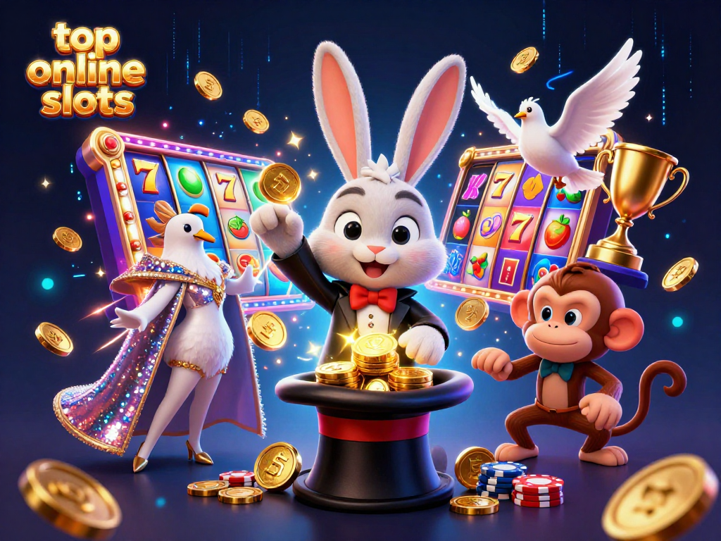 Experience top online slots with this vibrant illustration featuring a magician rabbit and exciting slot elements.