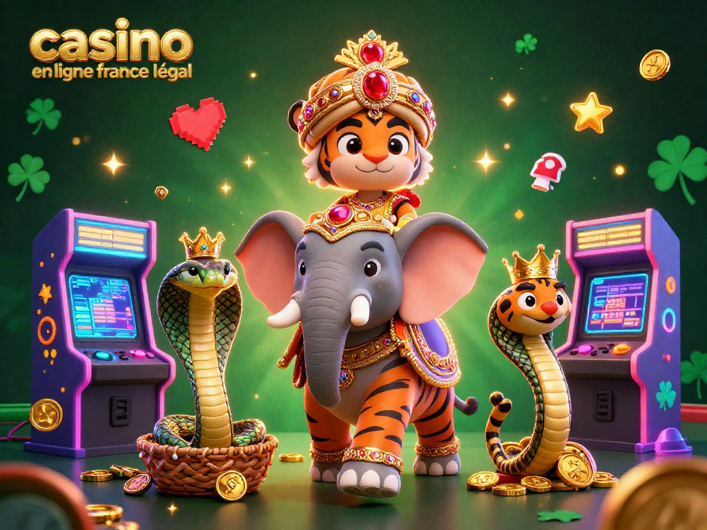 Casino en ligne France légal avec un tigre maharaja et un éléphant en scène festive et colorée.