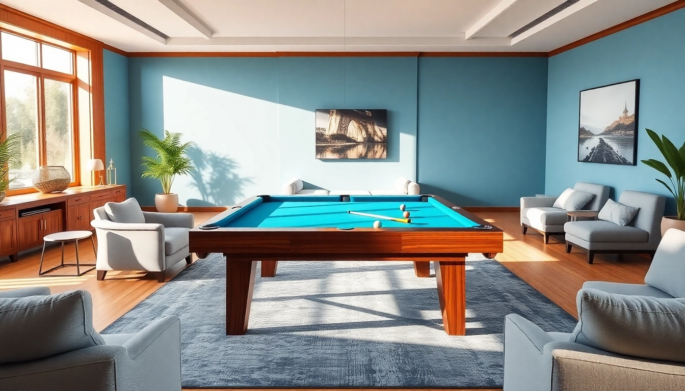 Buy Pool Tables in a modern game room showcasing vibrant colors and stylish design elements.