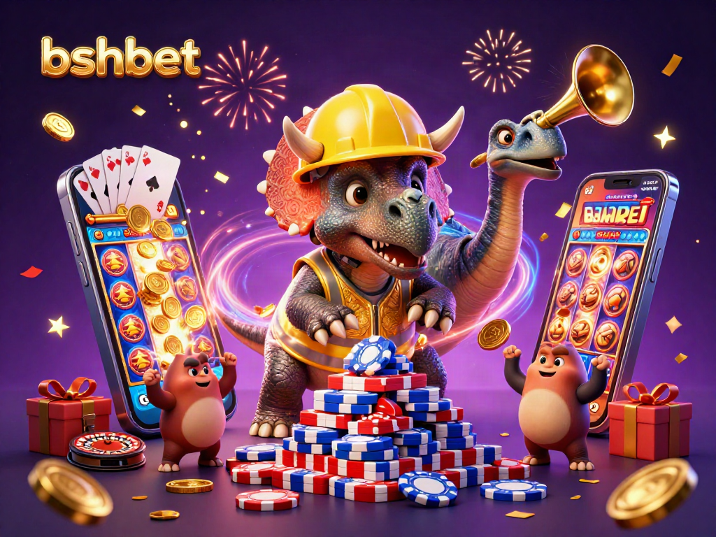 Experience the thrill of bshbet as a triceratops builds poker chip pyramids amidst a casino celebration.