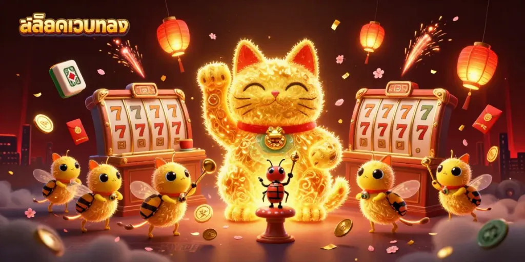 Engage with สล็อตเว็บตรง through a vibrant illustration of casino elements, golden fireflies, and symbols.
