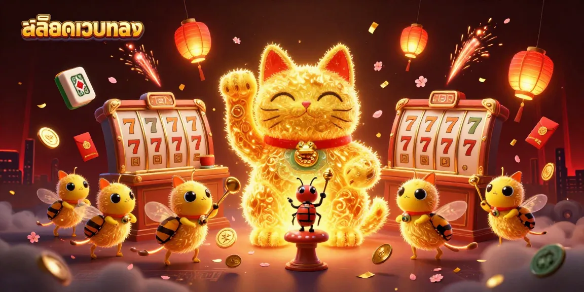 Engage with สล็อตเว็บตรง through a vibrant illustration of casino elements, golden fireflies, and symbols.