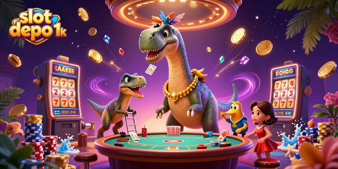 Slot depo 1k dengan dinosaur raksasa dan elemen kasino gemerlap.