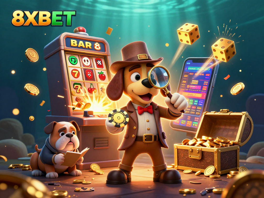 Experience thrilling gaming moments with 8XBET in an action-packed casino adventure scene.