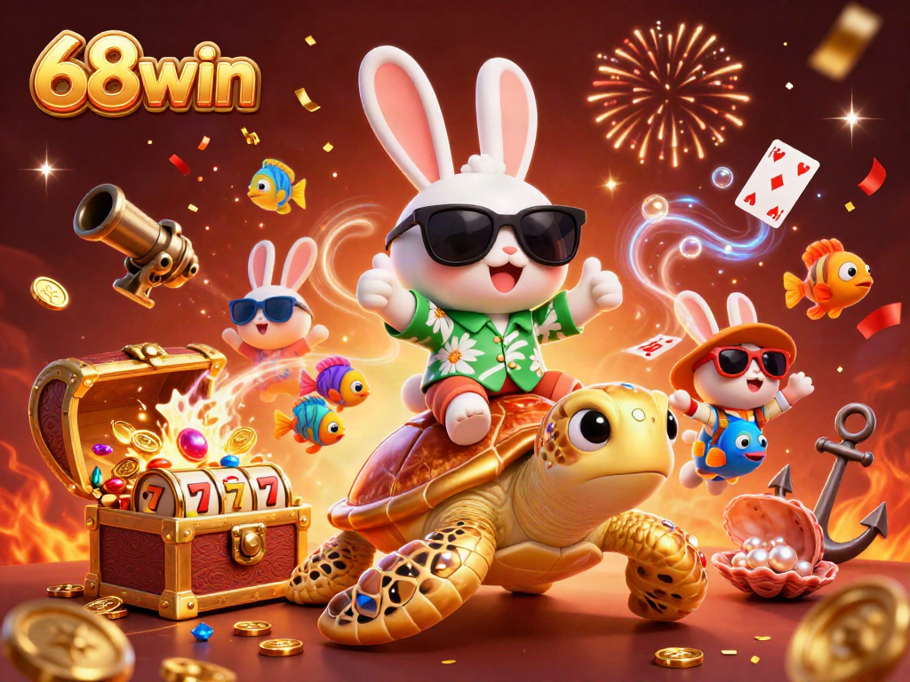 Engage in thrilling gameplay at 68win with a lucky rabbit and golden turtle amidst a colorful casino adventure.