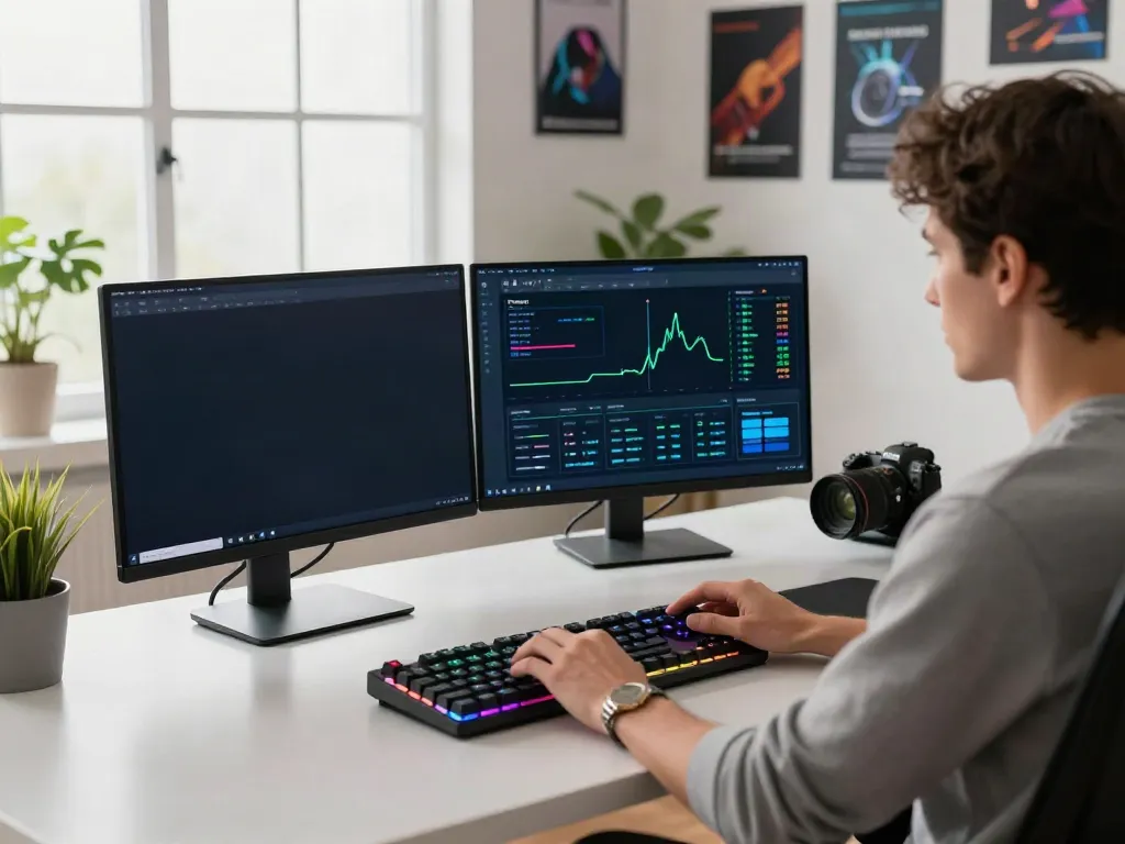 User utilizing v2rayN software in a modern home office environment with multiple screens and ergonomic setup.