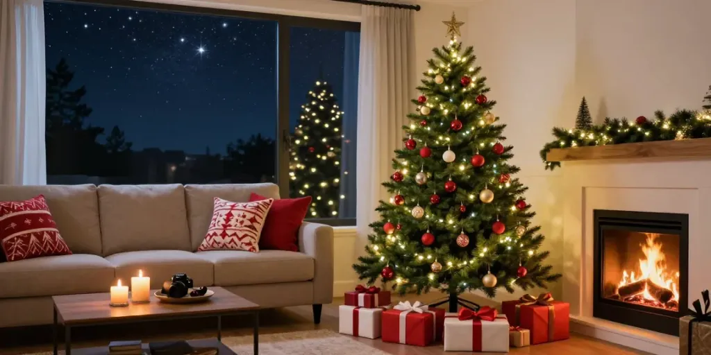 Cozy living room with a skinny Christmas tree decorated for the holiday season