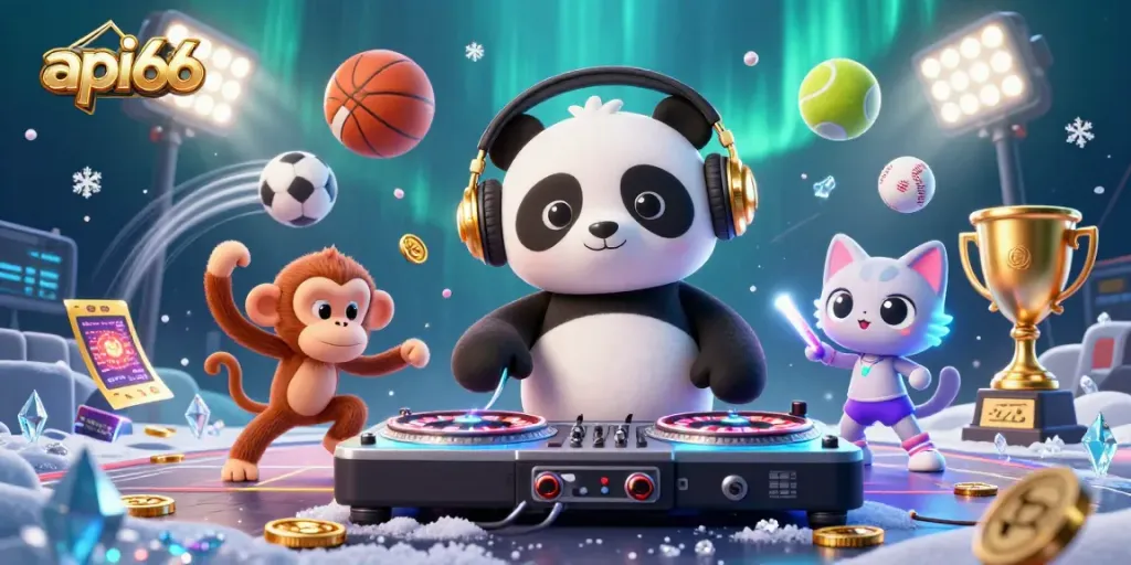 Experience the api66 excitement with a vibrant 3D casino scene featuring a DJ panda and breakdancing monkey.