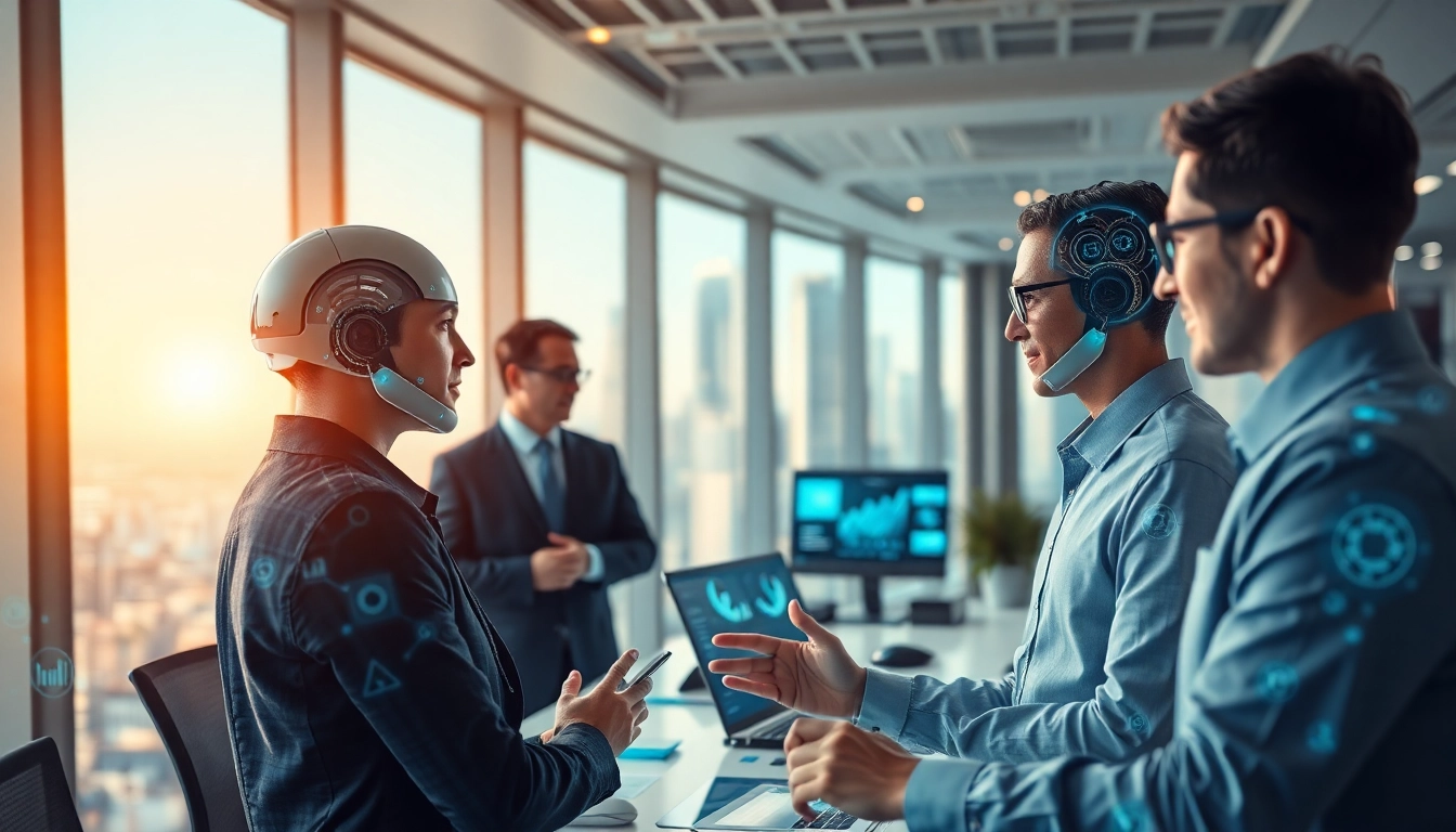 Engaging AI agents working in a futuristic office environment showcasing advanced technology.