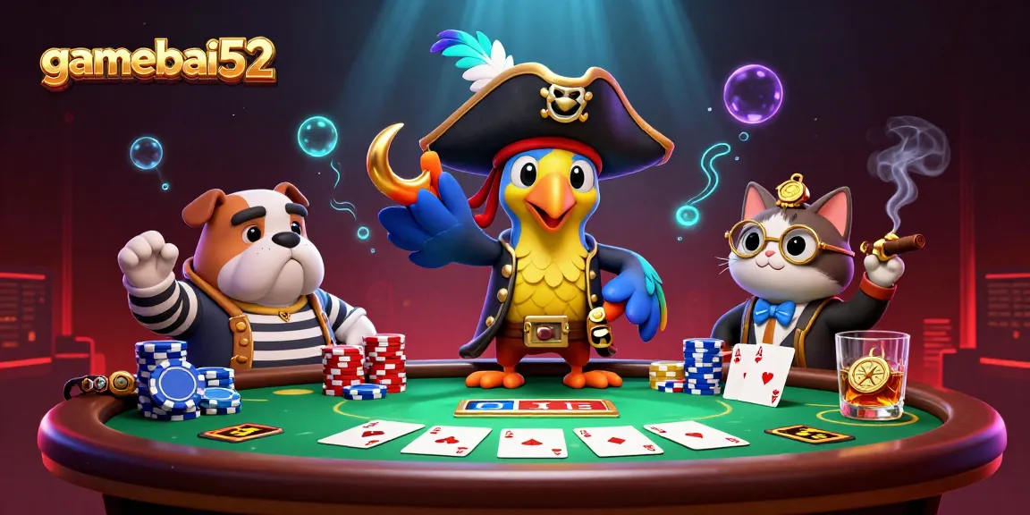Engage in thrilling gameplay at gamebai52 with vibrant poker elements and unique character illustrations.