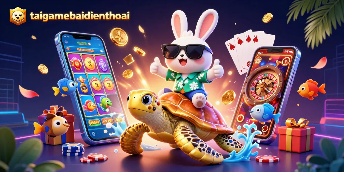 Engage with the taigamebaidienthoai through vibrant visuals of lucky rabbit and a golden turtle in a casino setting.