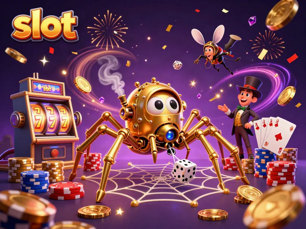 Engaging slot scene with a steampunk spider capturing unlucky dice while revealing colorful gaming elements.