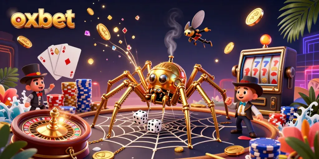Experience thrilling gameplay at oxbet with steampunk spider and fly gentleman amidst casino elements.