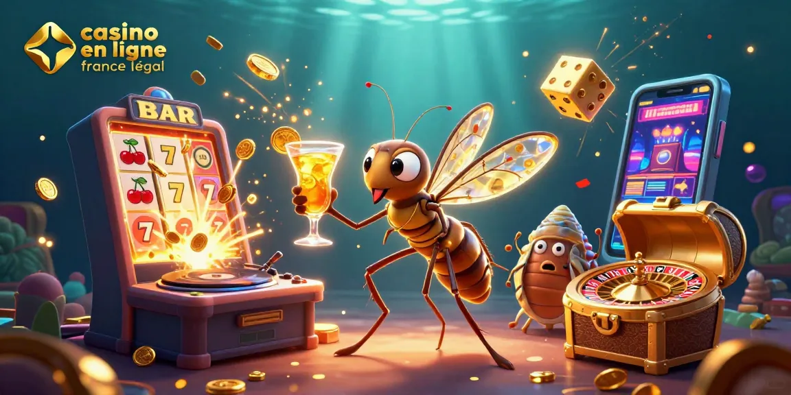 Illustration dynamique représentant un casino en ligne légal en France avec des personnages animés et des éléments de jeux.